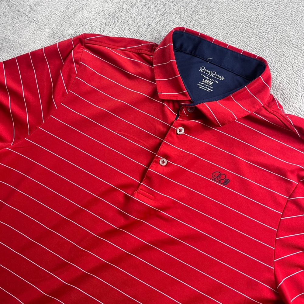 Good Good Golf Men Large Red Striped Performance Polo Shirt Stretch Short Sleeve